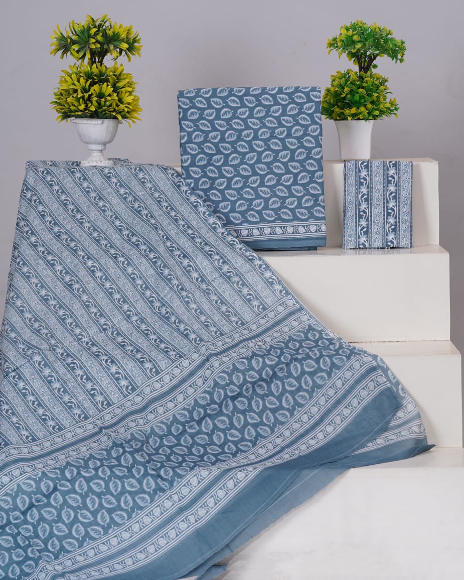 Pure Cotton Jaipuri Hand Block Print Unstitched Suit With Mul Cotton Dupatta.