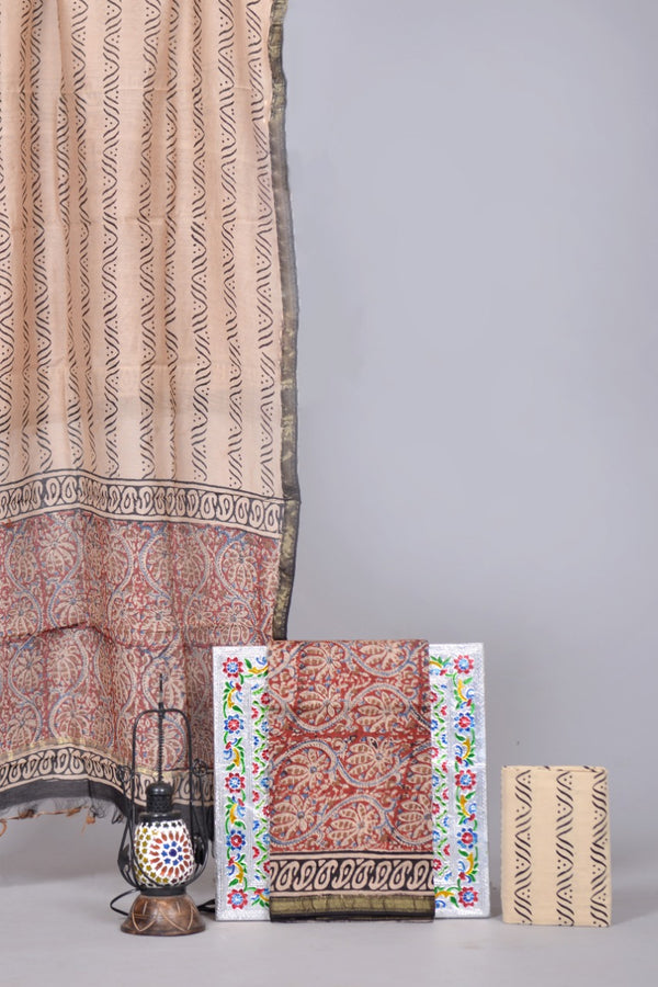 Pure Hand Block Chanderi Silk Unstitched Suit With Chanderi Dupatta