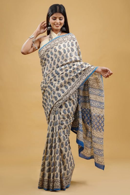 Pure Hand Block Printed Cotton Sarees With Blouse