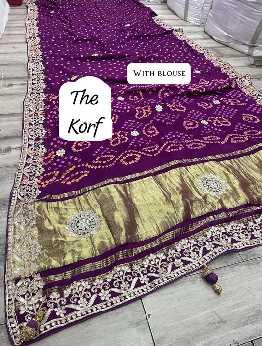 Pure Hand Bandhej Gajji Silk Saree Gota Patti Work With Hand Work Blouse.