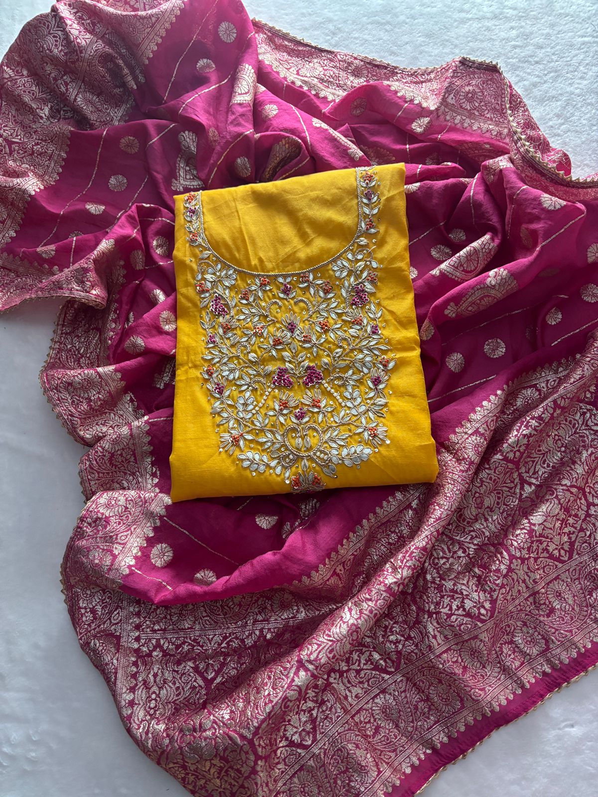 Rich Chanderi  Unstitched Suit with Zardogi Work with Dupatta