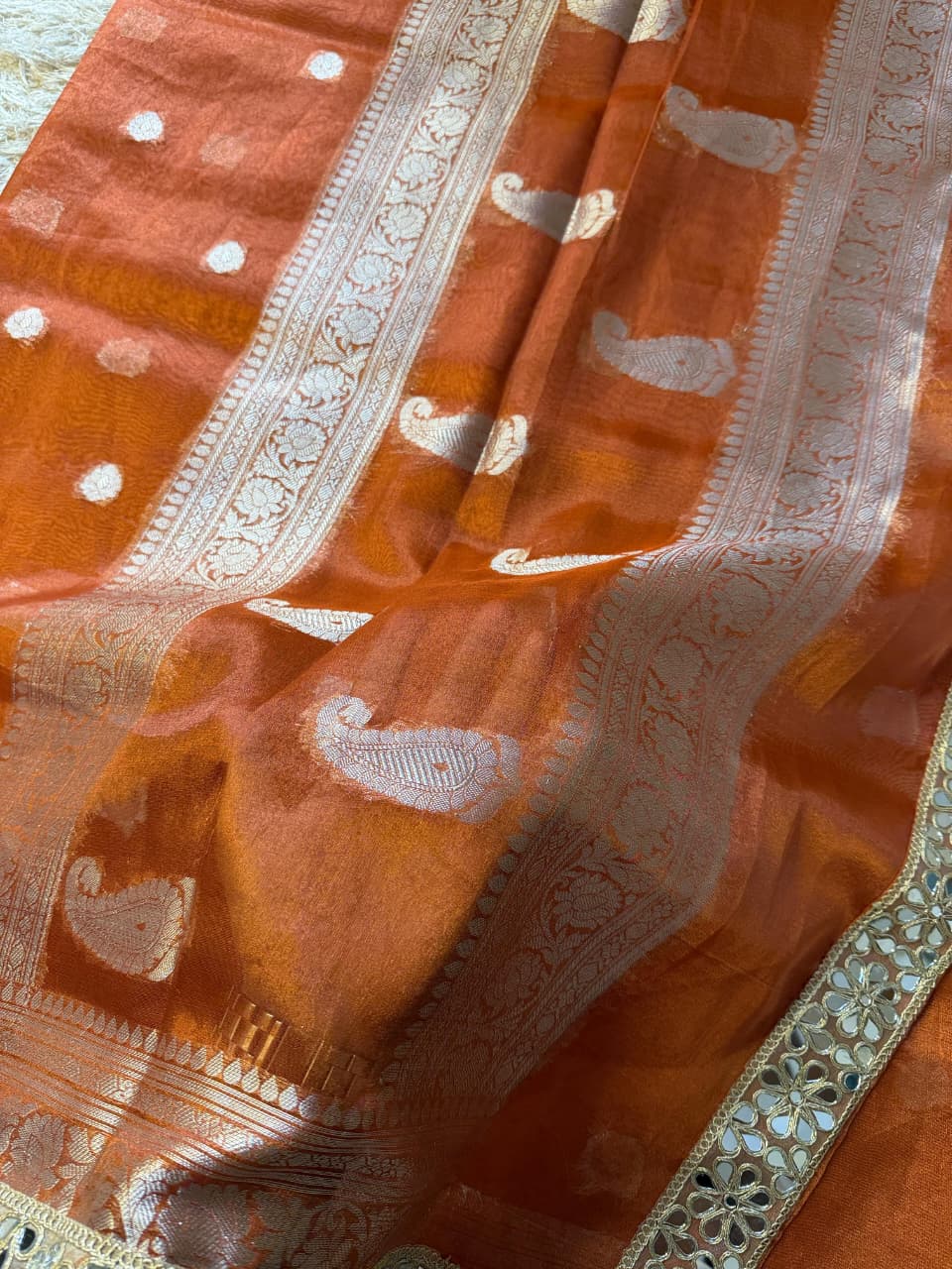 Tissue Silk Saree with Stripe Work and Moti Border