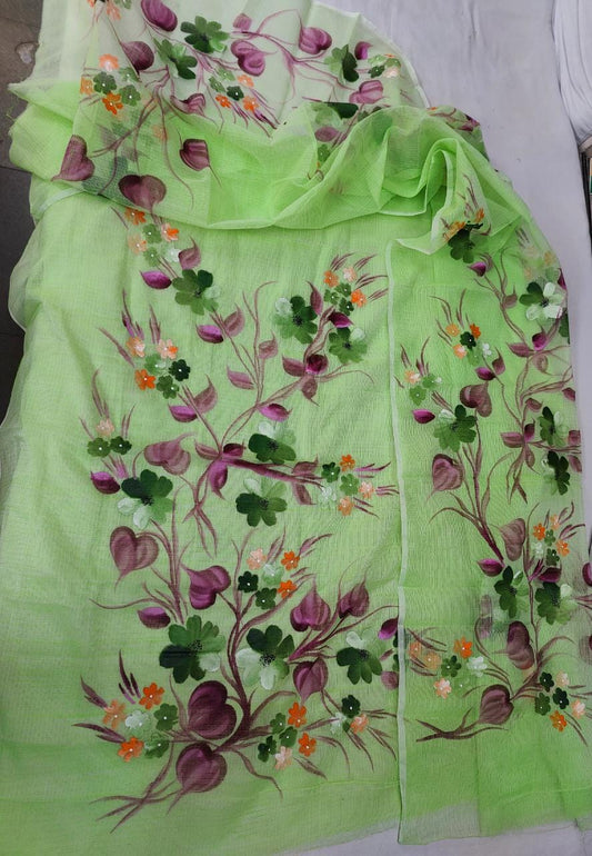 Pure Kota Doriya Hand Brush Print Unstitched Suit With Dupatta & Bottom