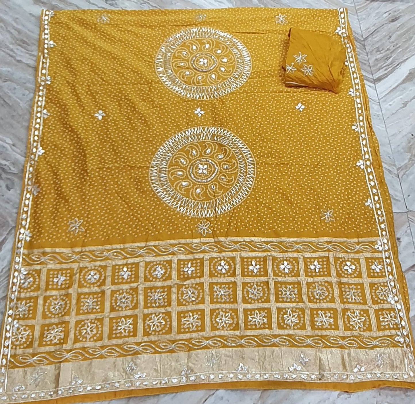 Pure Hand Bandhej Gajji Silk Saree Kachi  Gota Patti Work With Hand Work Blouse.