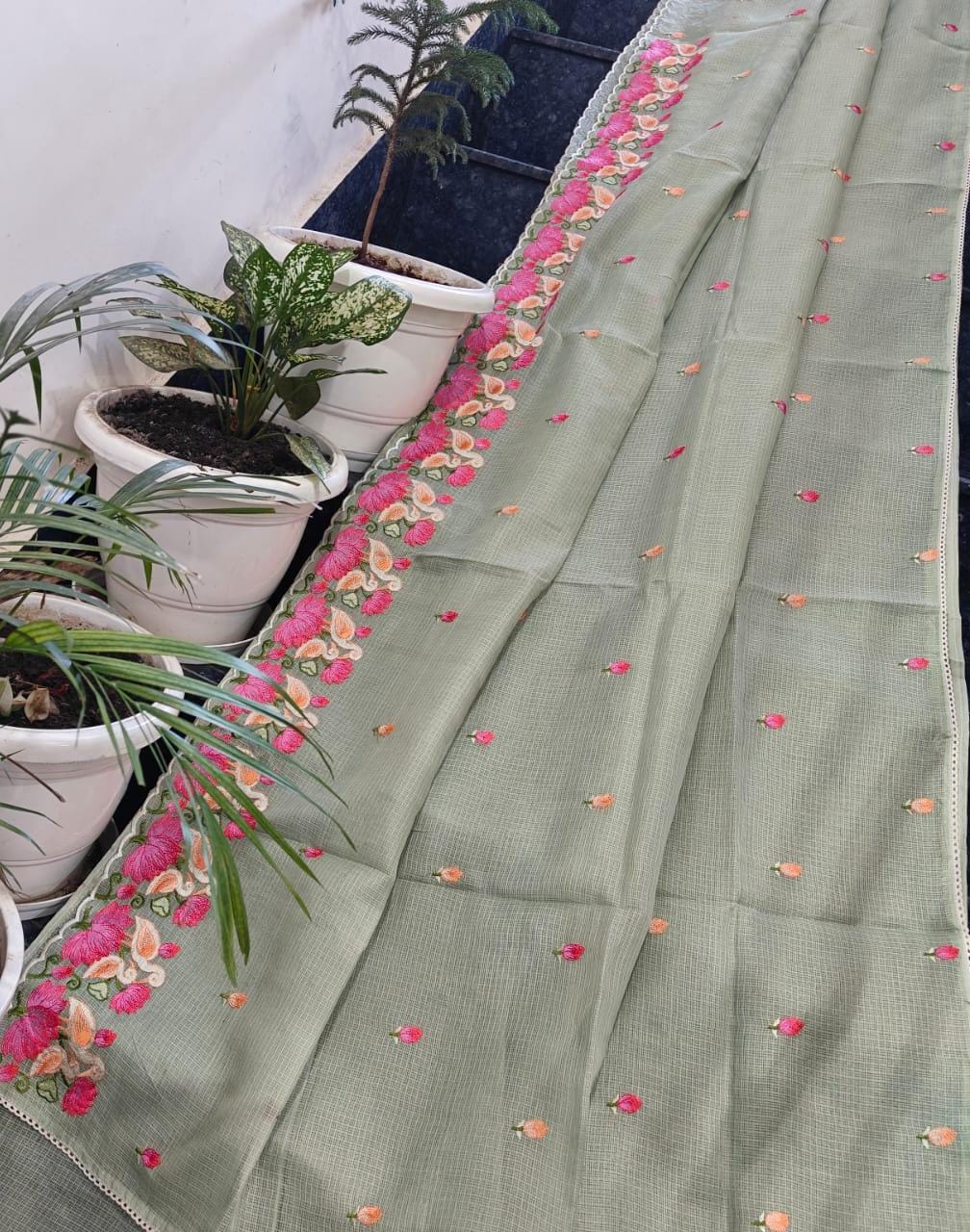 Kota Doria Soft Silk Saree With Embroidery  Work