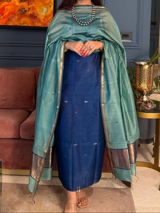 Pure Maheswari Silk Cotton Handwoven Unstitch Suit With  Buti