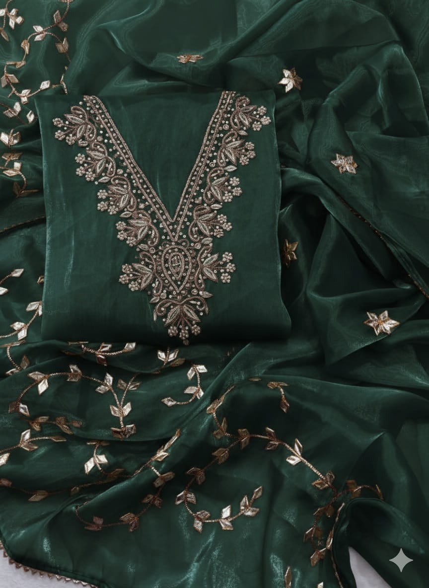 Pure jimmy choo Unstitched Suit with Zardogi Work Dupatta With Gota Patti Work