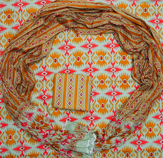 Pure Cotton Hand Block Print Unstitched Suit With Mul Cotton Dupatta.
