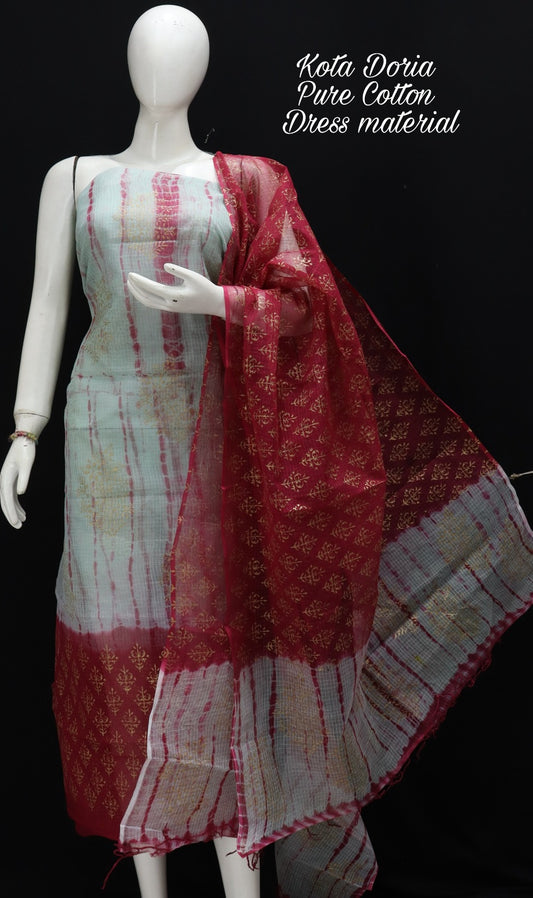 Pure Kota Doriya Shibori With Hand Block Print Unstitched Suit