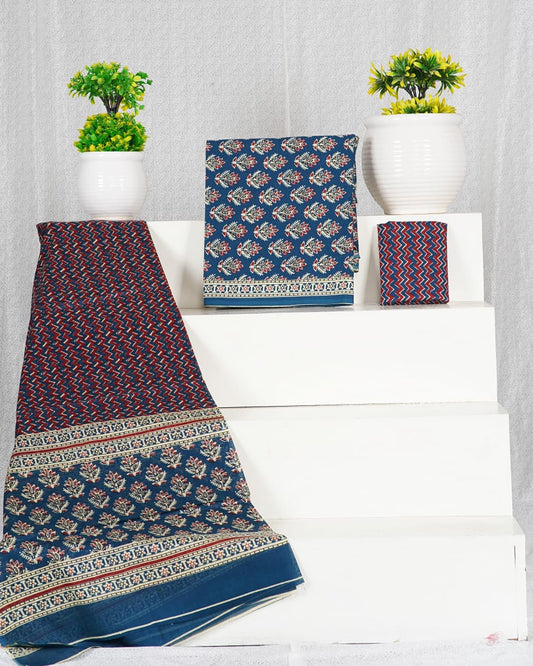 Pure Cotton Hand Block Print Unstitched Suit With Mul Cotton Dupatta.