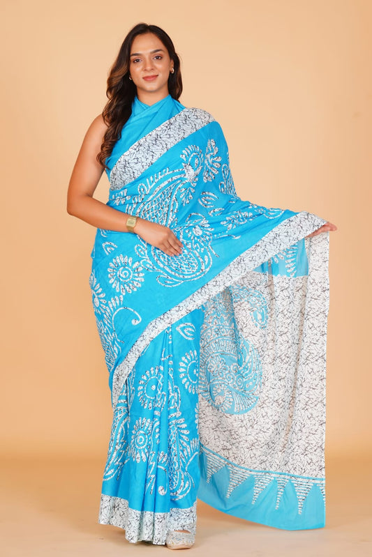 Pure Hand Printed Cotton Sarees With Blouse