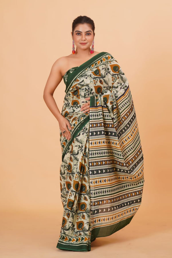 Pure Hand Printed Cotton Sarees With Blouse