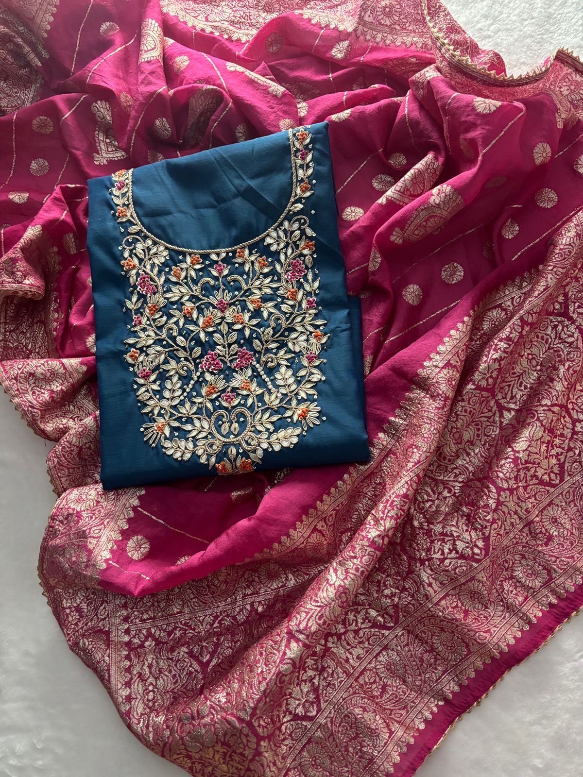 Rich Chanderi  Unstitched Suit with Zardogi Work with Dupatta