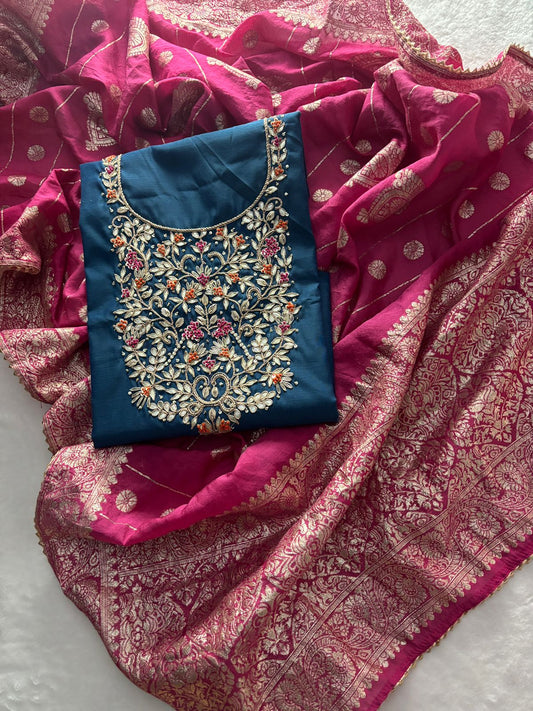 Rich Chanderi  Unstitched Suit with Zardogi Work with Dupatta