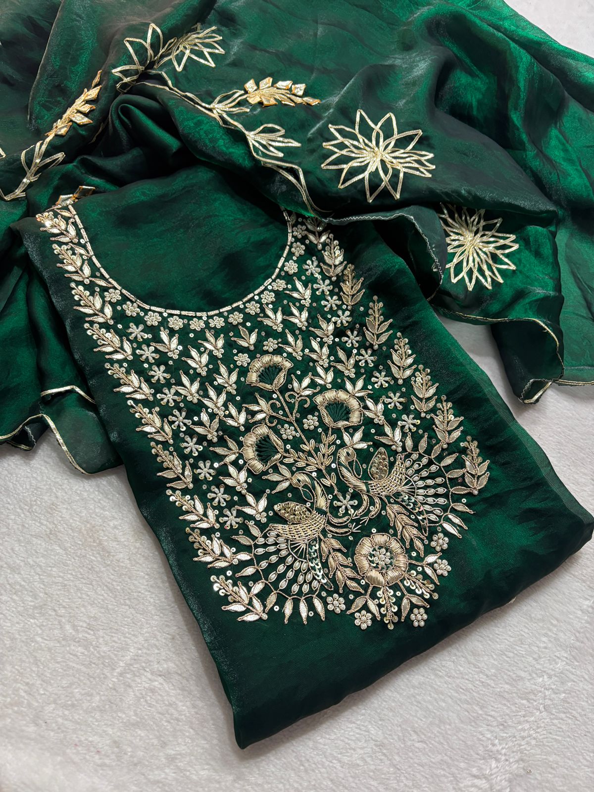 Premium Crush tissue  Unstitched Suit Zardogi Work With Gota Patti Duptta