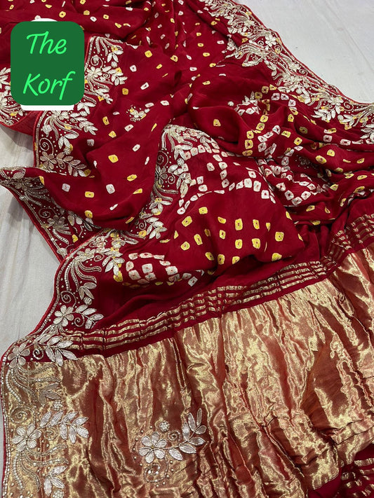 Pure Hand Bandhej Gajji Silk Saree Gota Patti Work With Hand Work Blouse.