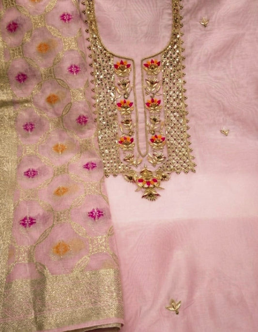 Chanderi Zardoz Work Unstitched Suit With Banarsi dupatta