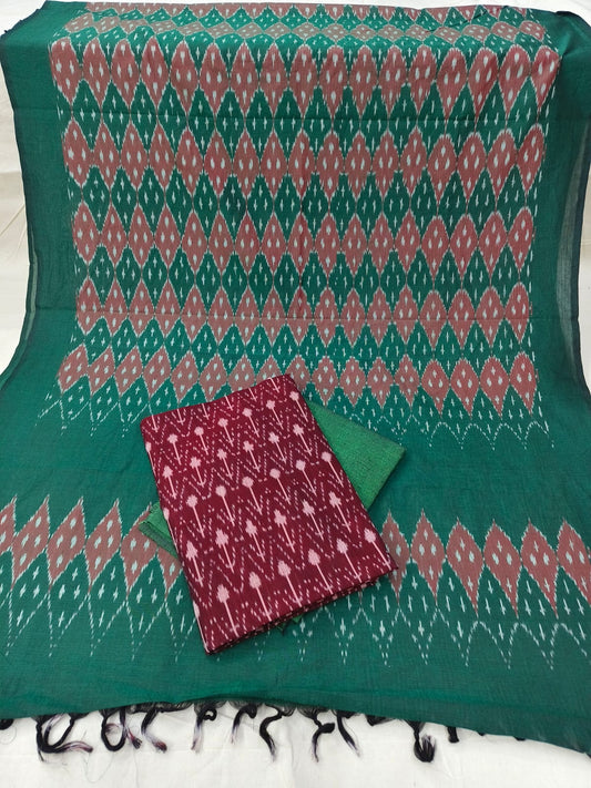 Pure Mercerised Cotton Doubel Ikkat Unstitched Suit With Mercerised Ikkat Cotton Dupatta