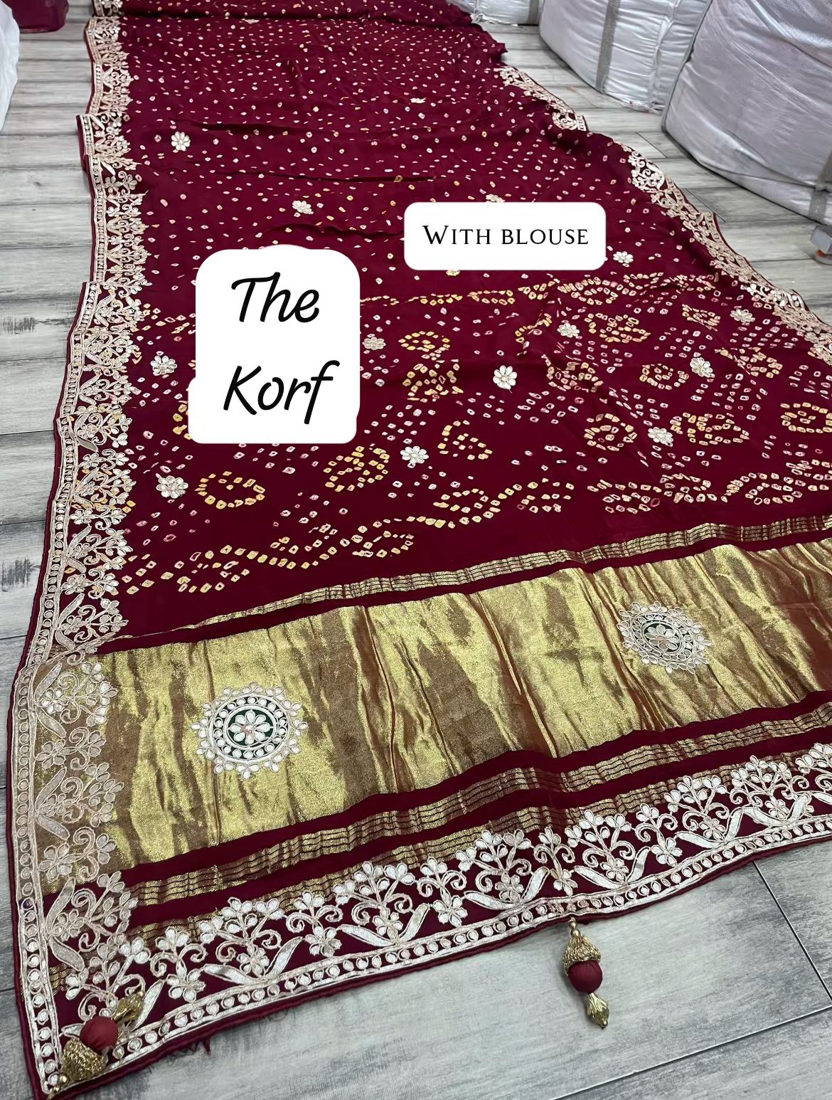 Pure Hand Bandhej Gajji Silk Saree Gota Patti Work With Hand Work Blouse.