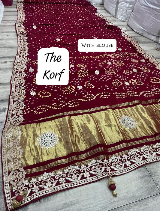 Pure Hand Bandhej Gajji Silk Saree Gota Patti Work With Hand Work Blouse.