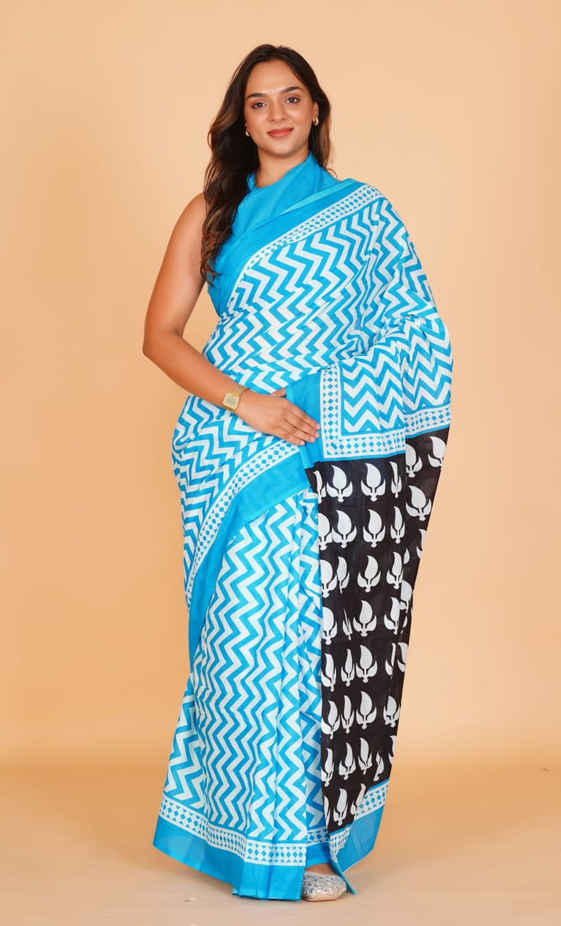 Pure Hand Printed Cotton Sarees With Blouse