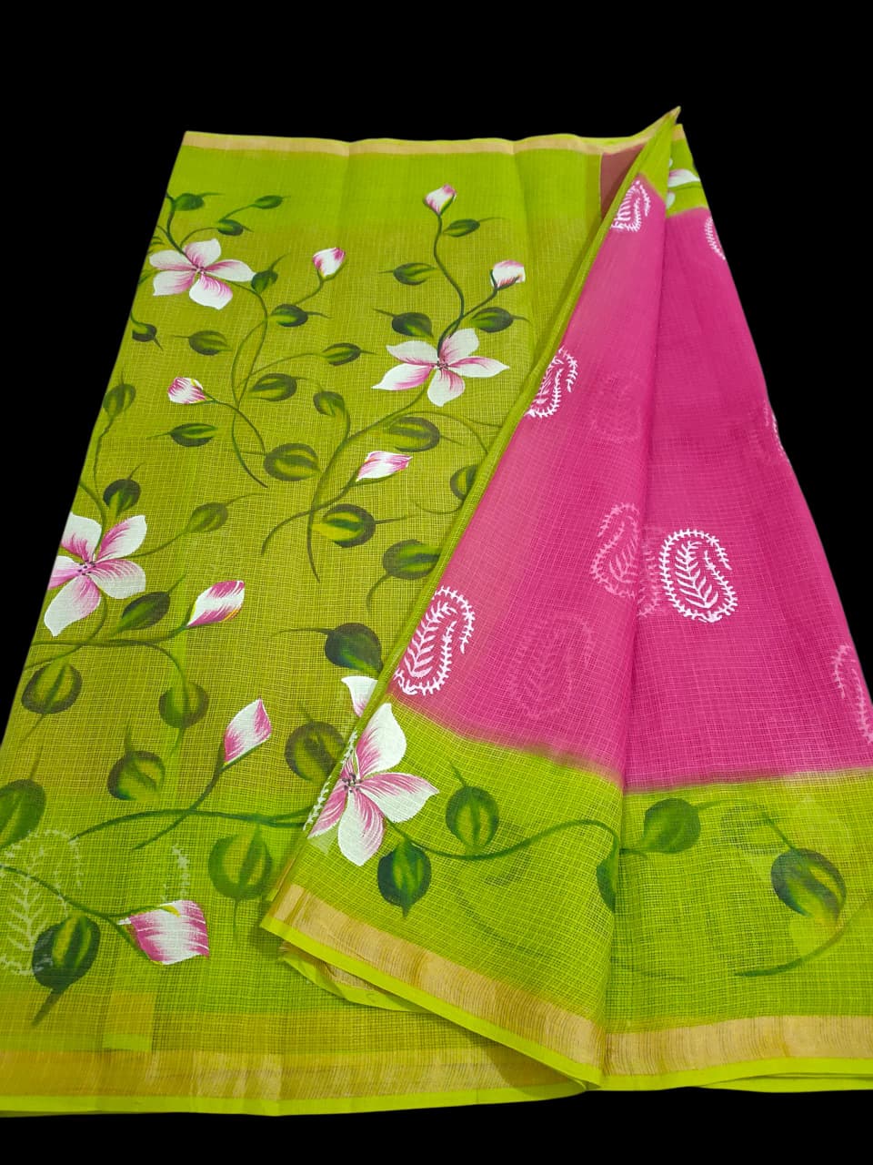 Kota Doria Saree With Hand Bursh Print Work