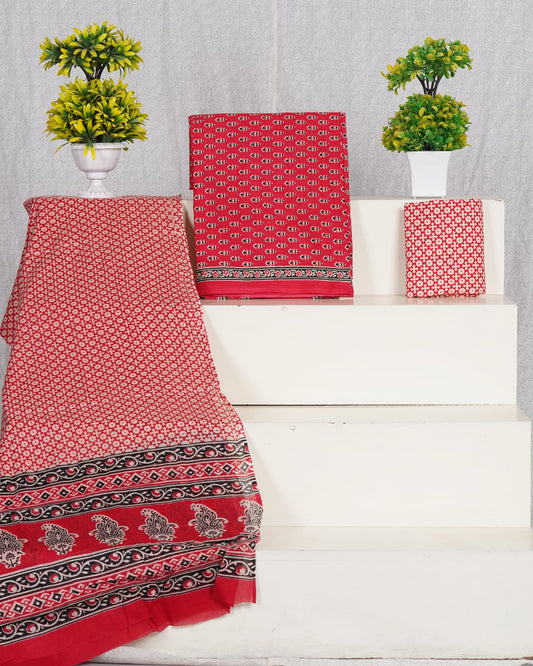 Pure Cotton Jaipuri Hand Block Print Unstitched Suit With Mul Cotton Dupatta.