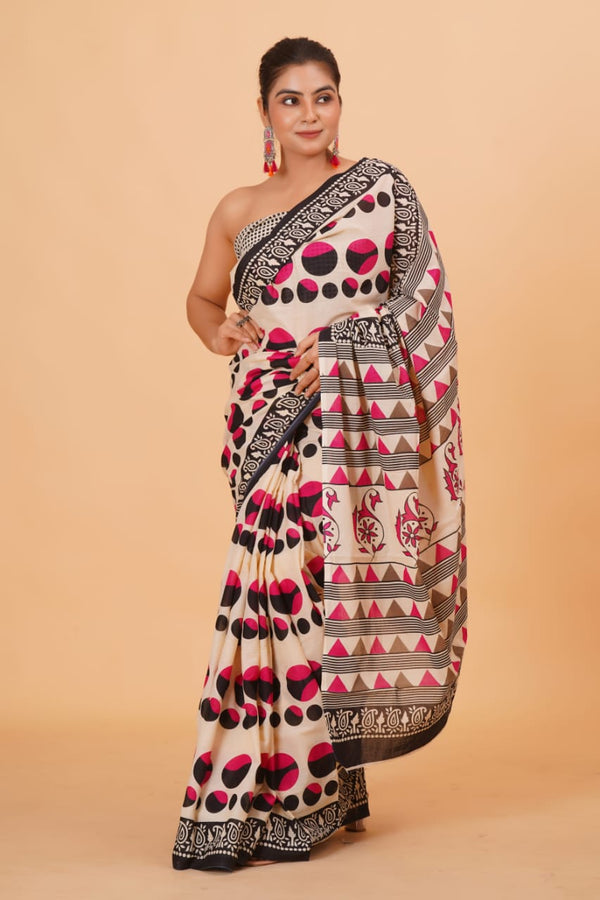 Pure Hand Printed Cotton Sarees With Blouse