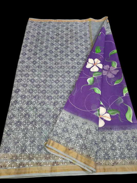 Kota Doria Saree With Hand Bursh Print Work