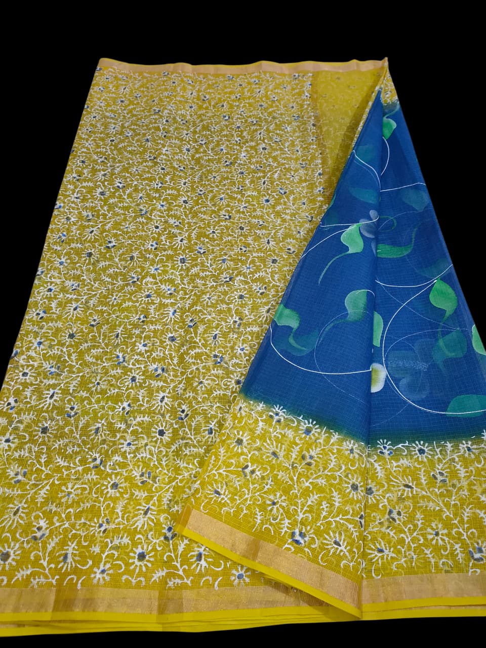 Kota Doria Saree With Hand Bursh Print Work