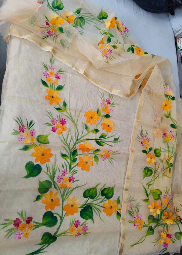 Pure Kota Doriya Hand Brush Print Unstitched Suit With Dupatta & Bottom