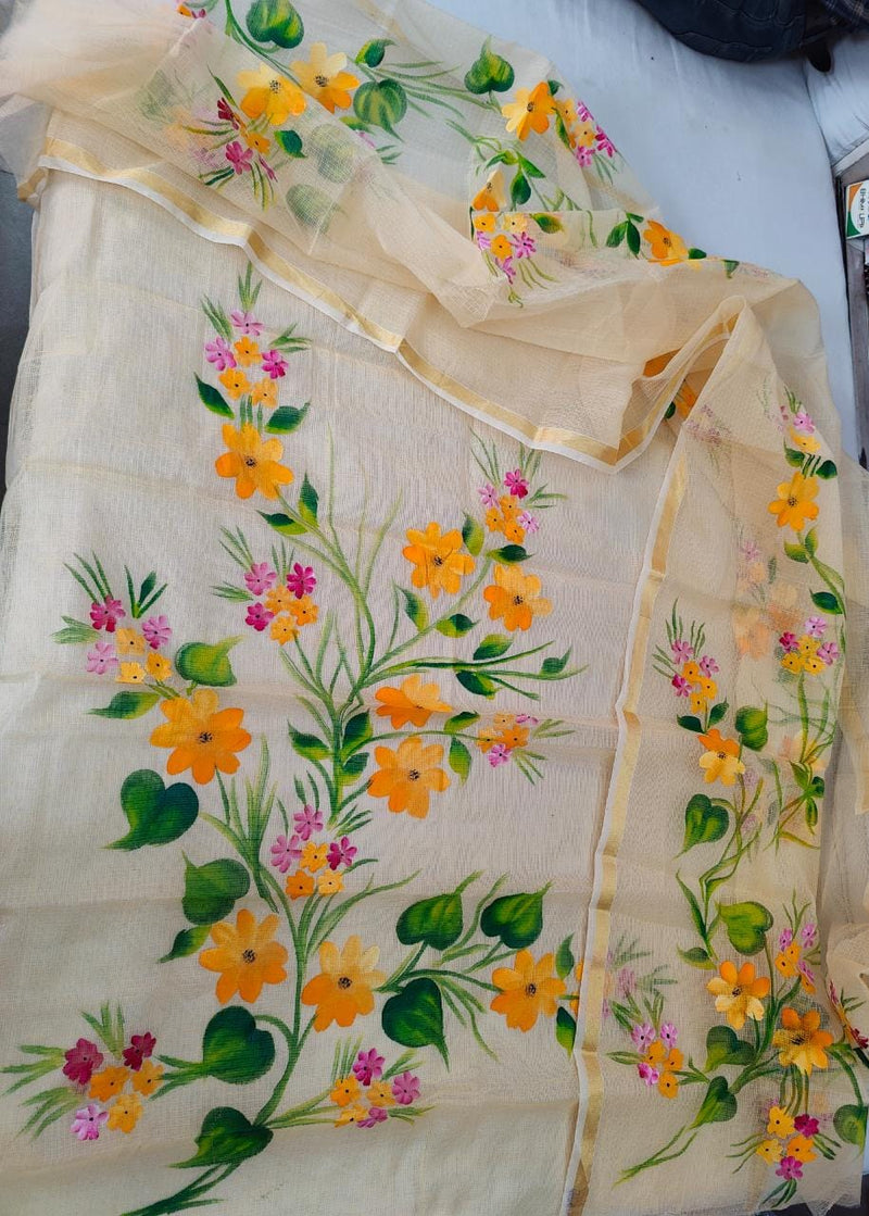 Pure Kota Doriya Hand Brush Print Unstitched Suit With Dupatta & Bottom