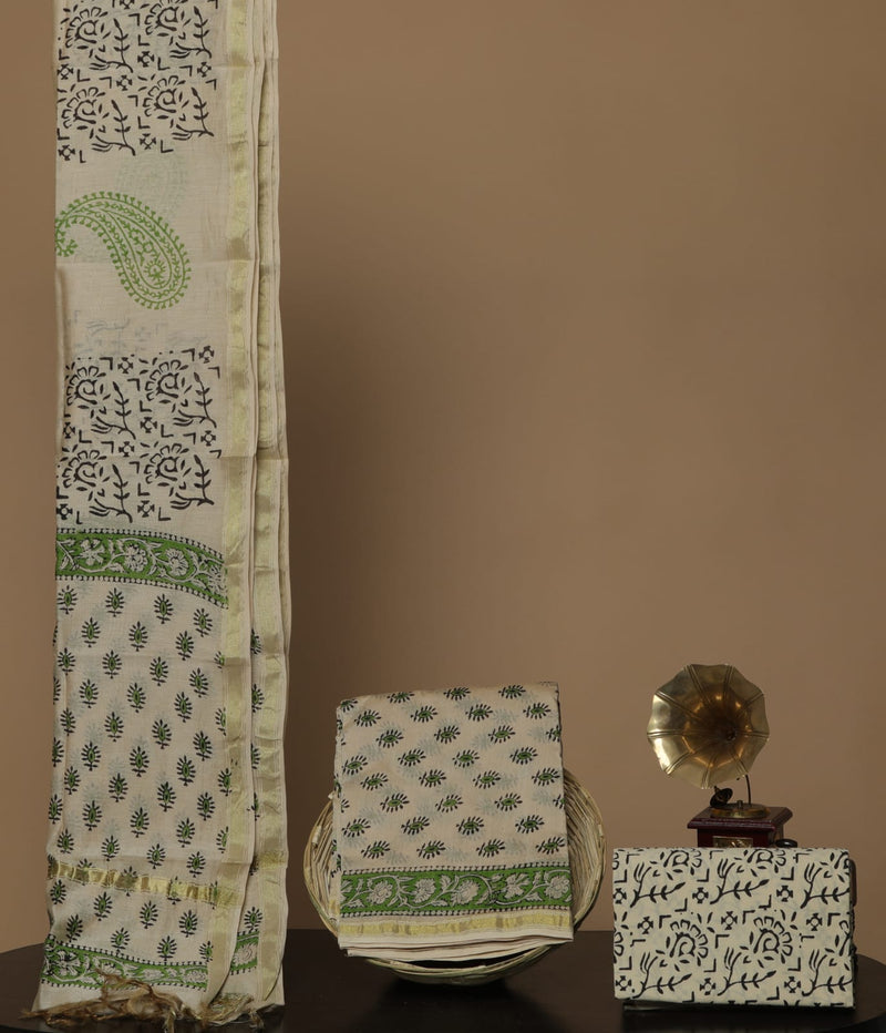 Pure Hand Block Chanderi Silk Unstitched Suit With Chanderi Dupatta