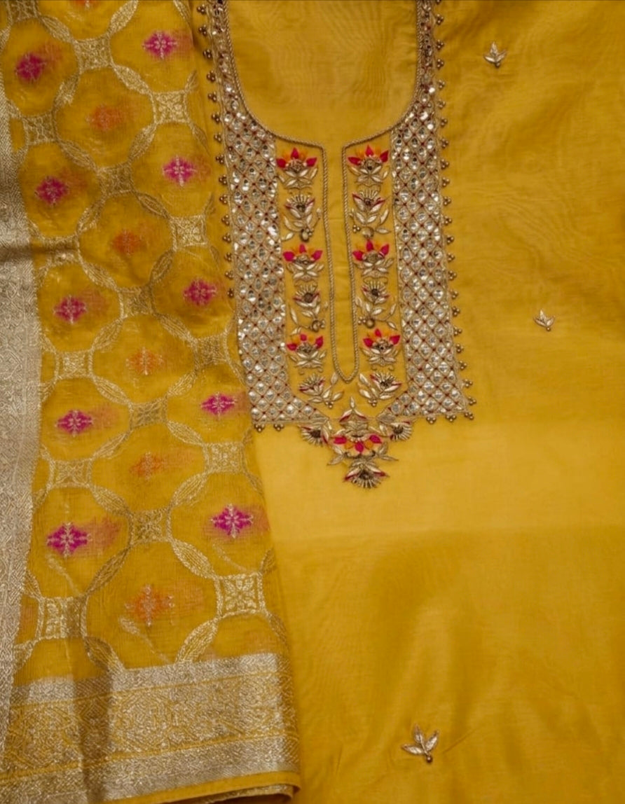 Chanderi Zardoz Work Unstitched Suit With Banarsi dupatta