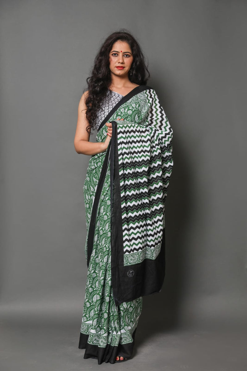 Pure Hand Printed Cotton Sarees With Blouse