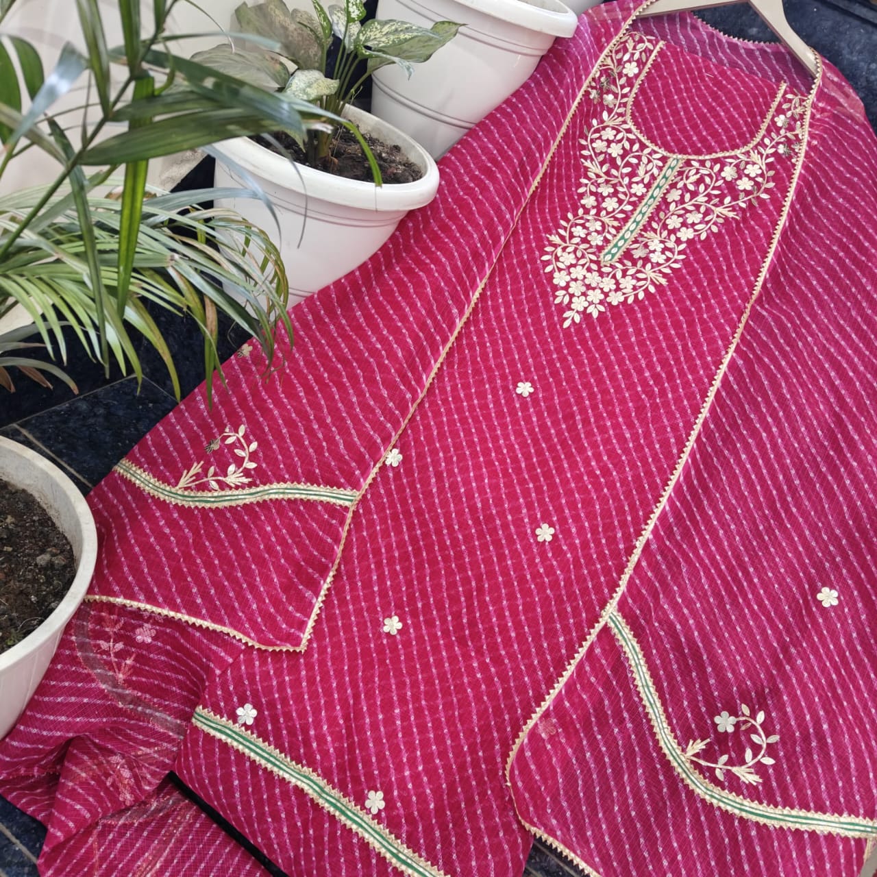 Pure Kota Doriya Unstitched Suit With Gota Patti Work