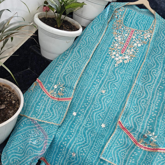 Pure Kota Doriya Unstitched Suit With Gota Patti Work