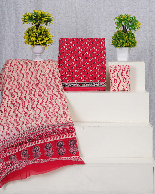 Pure Cotton Jaipuri Hand Block Print Unstitched Suit With Mul Cotton Dupatta.