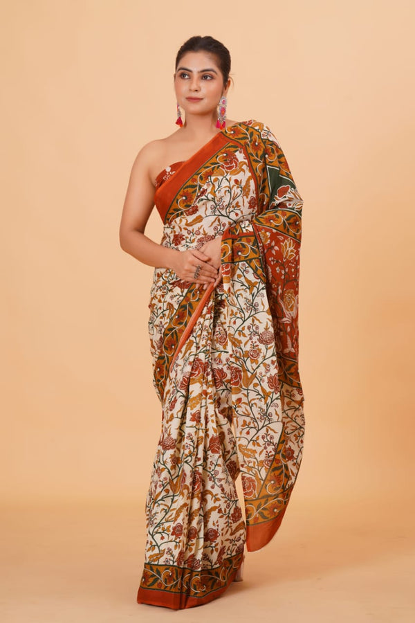 Pure Hand Printed Cotton Sarees With Blouse