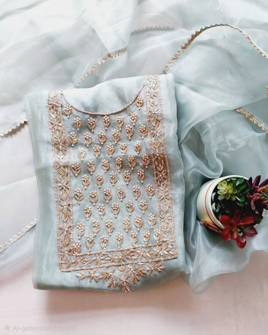 Pure Organza unstitched Suit With Zardozi Work Dupatta