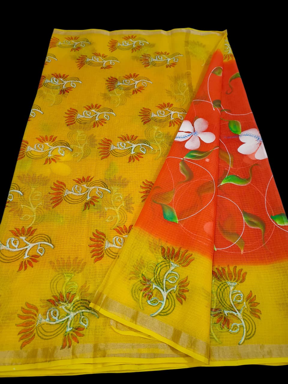 Kota Doria Saree With Hand Bursh Print Work