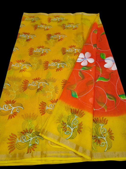 Kota Doria Saree With Hand Bursh Print Work
