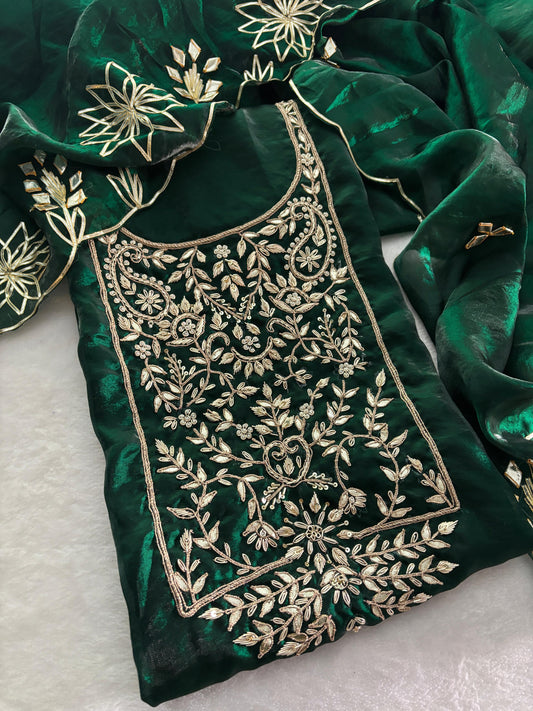 Premium Crush tissue  Unstitched Suit Zardogi Work With Gota Patti Duptta