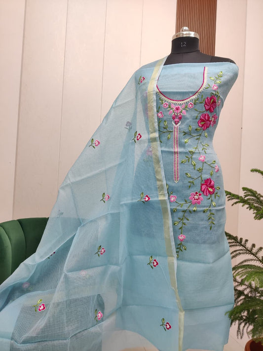 Pure Kota Doriya unstitched suit with embroidery work