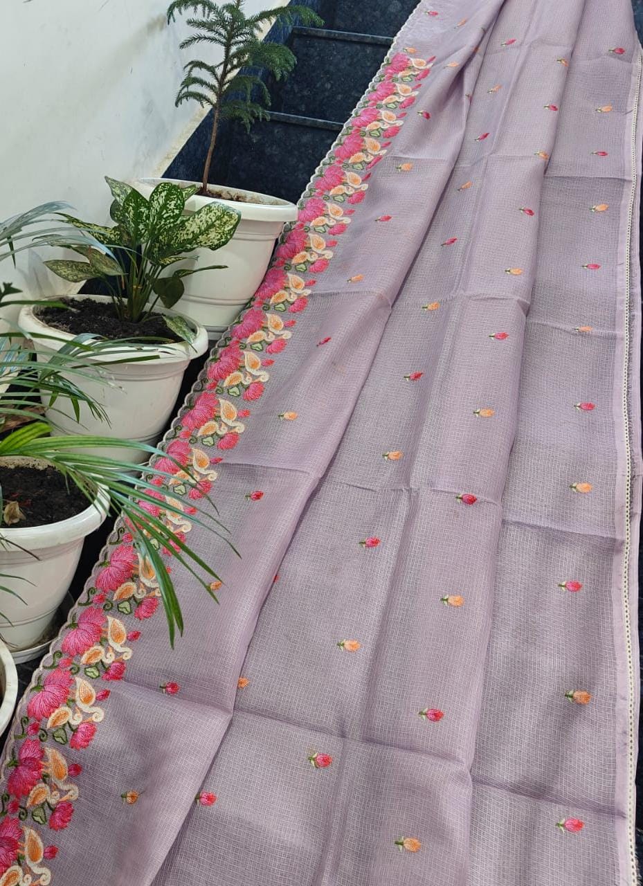 Kota Doria Soft Silk Saree With Embroidery  Work