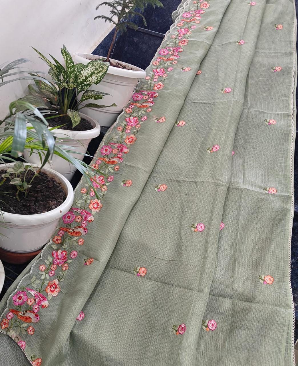 Kota Doria Soft Silk Saree With Embroidery  Work