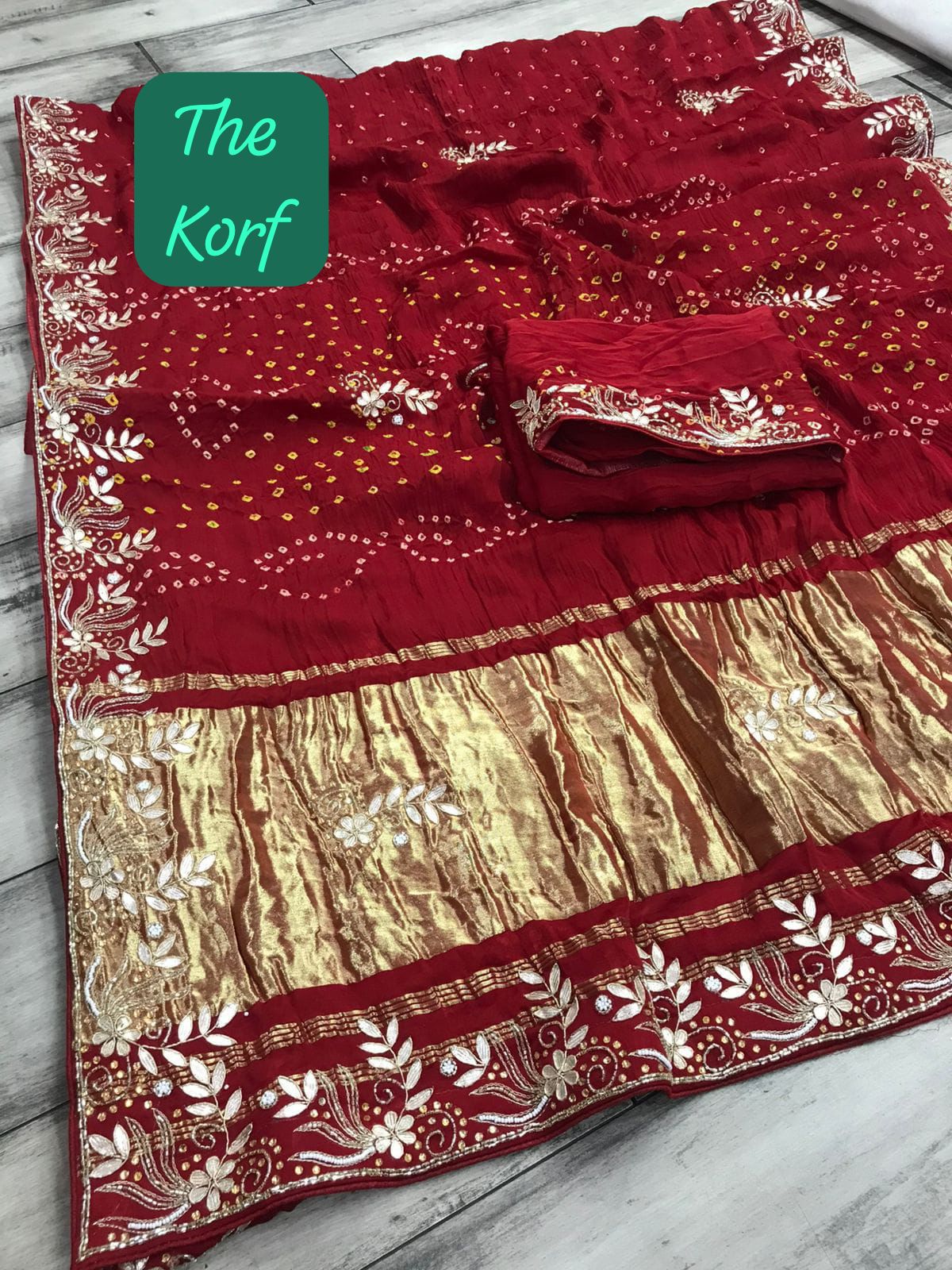 Pure Hand Bandhej Gajji Silk Saree Gota Patti Work With Hand Work Blouse.