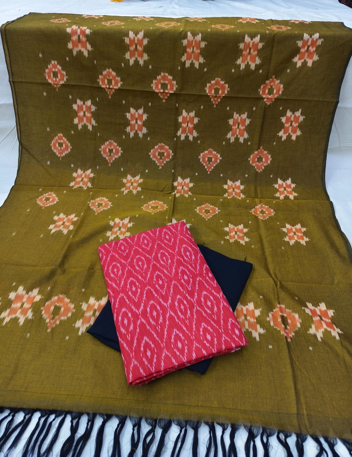 Pure Mercerised Cotton Doubel Ikkat Unstitched Suit With Mercerised Ikkat Cotton Dupatta