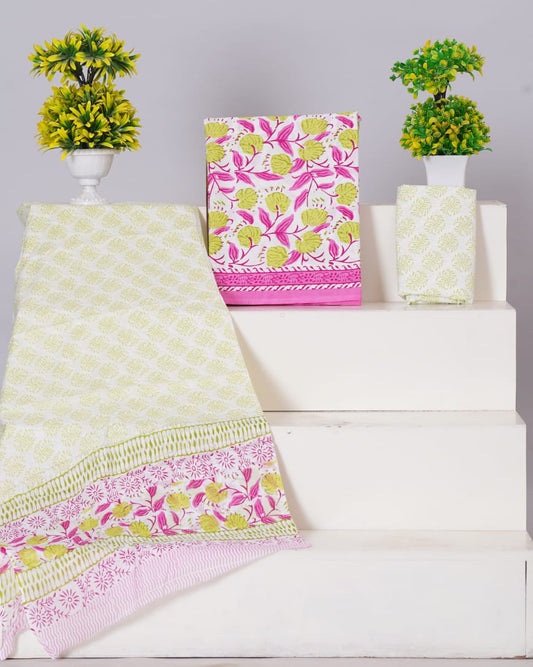 Pure Cotton Jaipuri Hand Block Print Unstitched Suit With Mul Cotton Dupatta.