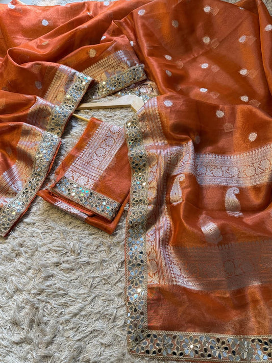 Tissue Silk Saree with Stripe Work and Moti Border
